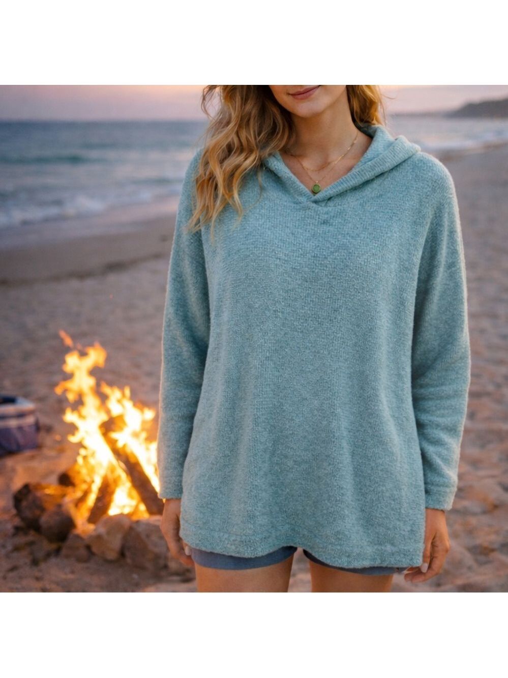 J. Jill Aqua Blue Hooded Beach Coastal Tunic Sweater oversized medium